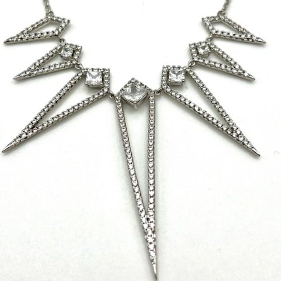 Gorgeous Deco Inspired .925 Sterling Silver & Cubic Statement Necklace - Picture 3 of 5